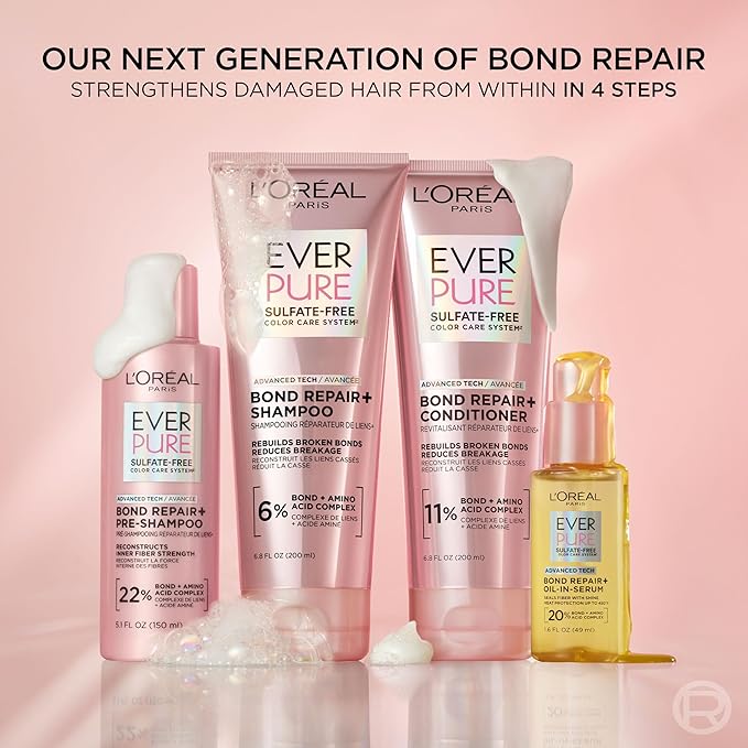 L'Oreal Paris Sulfate Free Bond Repair+ Conditioner, Hair Conditioner with Bond + Amino Acid Complex, Strengthens and Repairs Damaged or Color Treated Hair, EverPure, 6.8 Fl Oz (Packaging May Vary)