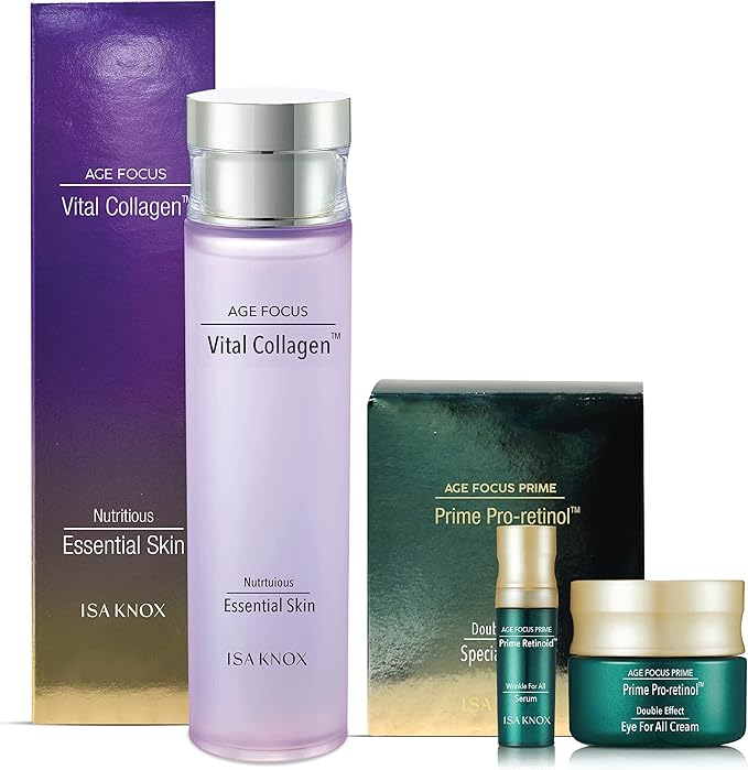 ISA KNOX Age Focus Vital Collagen Essential Toner by LG Beauty, Prime Wrinkle for All Serum & Prime Eye for All Cream (177 ml/5.99 fl oz) - Korean Skin Care by LG Beauty.