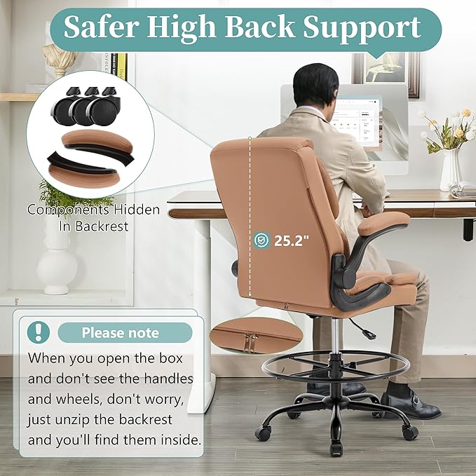 Ergonomic Drafting Chair, Tall Office Chair for Standing Desk, High Back Standing Desk Chair with Flip-Up Armrest, Adjustable Height&Foot Ring, Executive PU Leather Extended Height Office Chairs,Brown