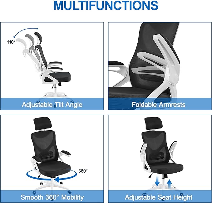 Yaheetech Ergonomic Mesh Office Chair, High Back Desk Chair with with flip-up Armrests, Adjustable Padded Headrest Computer Chair with Lumbar Support for Home Oiffce Game Room, White/Black