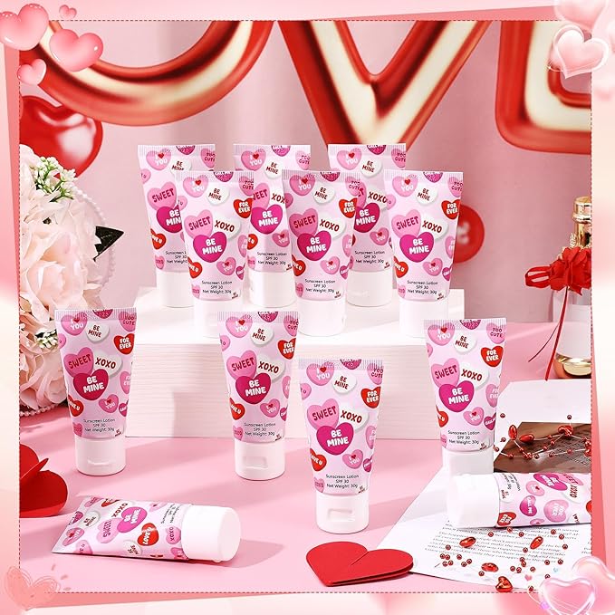 12 Pcs Mini Sunscreen Bulk for Summer Travel Size Spf 30 Water Resistant Sunscreen Lotion Bulk for Thank You Gifts Hawaiian Wedding Bridal Party Favors for Pool Wedding(Valentine)