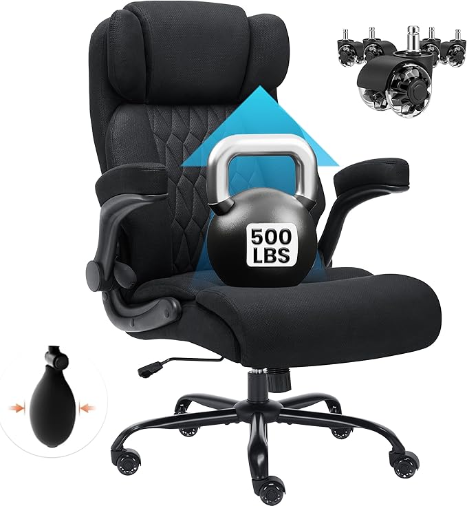 500lbs Big and Tall Office Chair Adjustable Lumbar Support for Back Pain, Extra Wide Seat Executive Office Chair Thick Armrest Pad, Heavy Duty Base&Upgraded Wheels, Ergonomic Comfy Computer Desk Chair