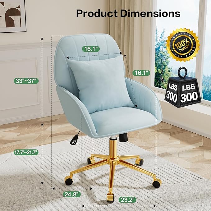 Home Office Desk Chair Comfy with Adjustable Swivel Wheels, Modern Velvet Makeup Vanity Chair with Back & Pillow, Ergonomic Office Chair Computer Task Chair for Living Room, Bedroom, Blue