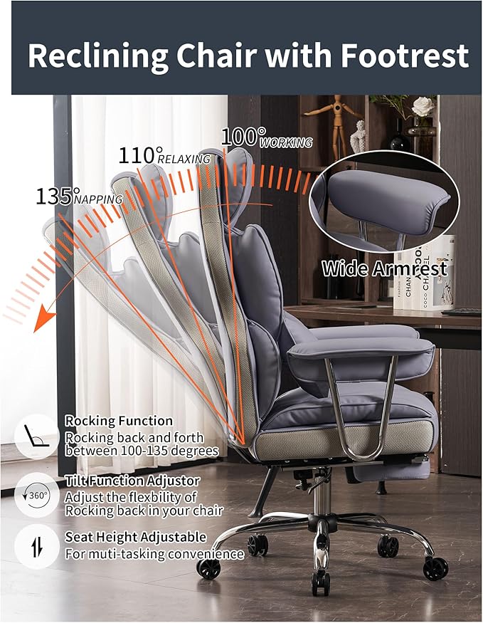 Efomao Big and Tall Office Chair 440LBS, Purple Heavy Duty Executive Chair with Footrest, Ergonomic Desk Chair for Home Office, Wide Computer Chair