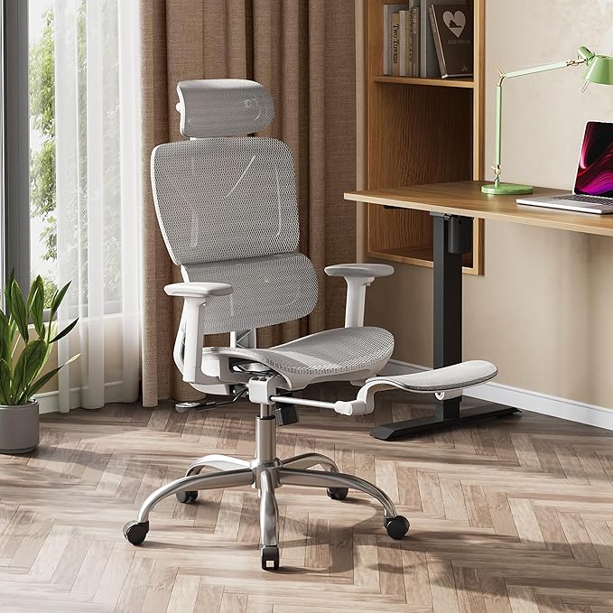 DEVAISE Ergonomic Mesh Office Desk Chair with a Footrest, Heavy Duty, High Back Reclining Swivel Comfy Home Computer Chair with Lumbar Support, SGS Class 4 Gas Lift, for Work Home Office, White