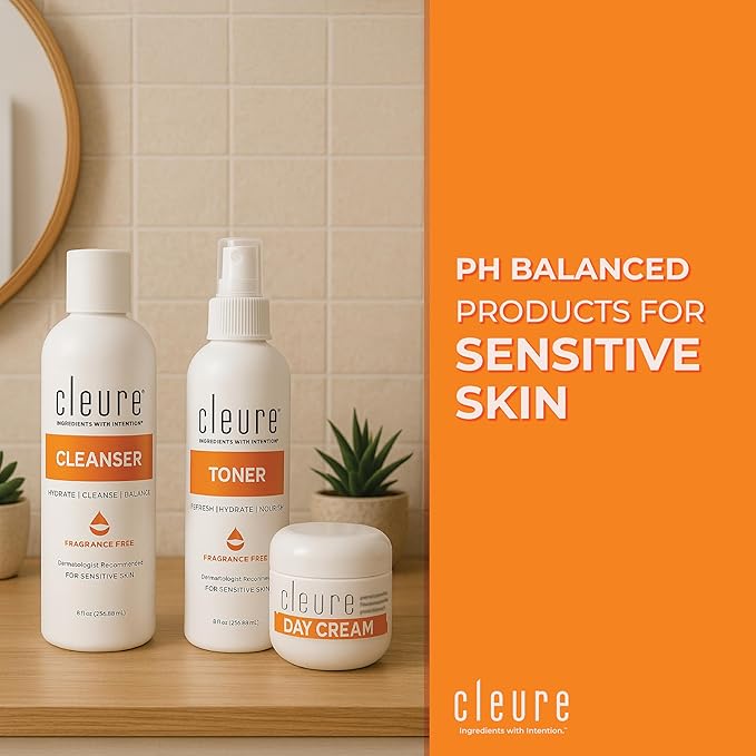 Cleure Sensitive Skincare Set – Gentle Face Wash, Alcohol-Free Toner & Shea Butter Day Cream – Facial Kit for Teens & Adults – Fragrance-Free, Dermatologist Recommended, pH Balanced