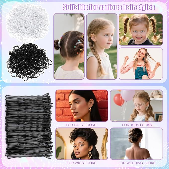 7Pcs Hair Finishing Stick Set with 1Pcs Slick Back Brush,1Pcs Fly Away Stick for Hair,50PCS Bobby Pins,400Pcs Elastic Rubber Bands