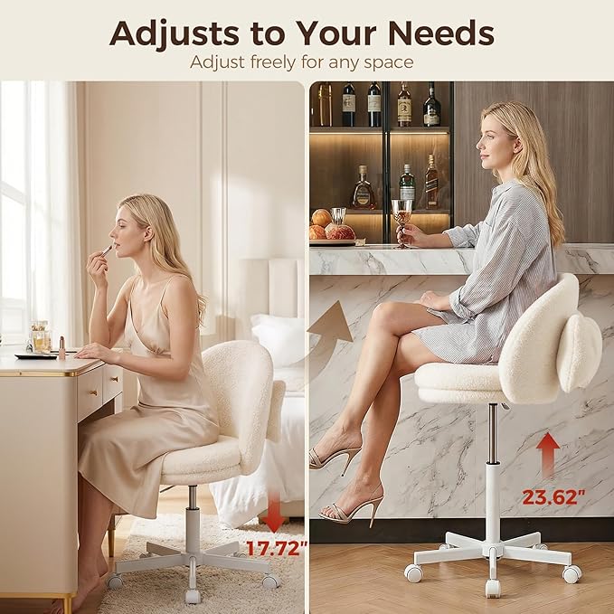 GTPOFFICE Vanity Chair with Back, Adjustable Tall Office Chair High Swivel Bar Stools Fluffy Cute Desk Chair Comfy with Wheels Bow Pillow Armlees for Adults Standing Desk Bar, Soft Velvet, White