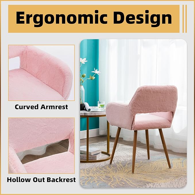 Furry Desk Chair Set of 2, Modern Home Office Chair Without Wheels, Faux Fur Vanity Chair with Hollow Backrest, Comfy Armchair Wood Frame with Strudy Metal Legs, Pink
