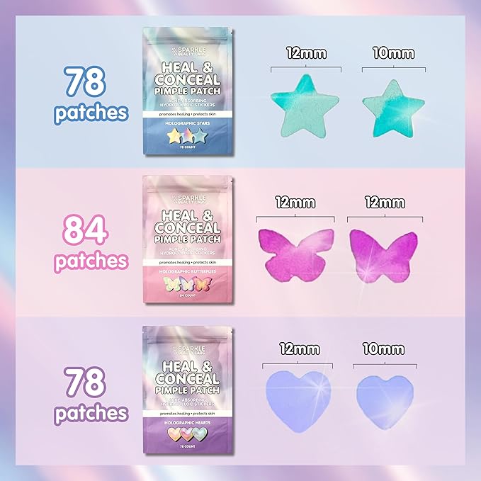 Heal & Conceal Pimple Patch - Cute Holographic Star Shaped Acne Patches, Fun Hydrocolloid Zit Stickers for Face (Iridescent Stars, 78 Count)