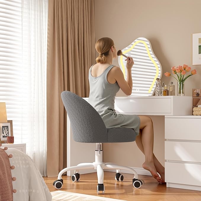 Vanity Chair with Back, Cute Desk Chair with Wheels, Armless Office Chair Height Adjustable, Soft Lumbar Support for Small Space, Bedroom, Grey