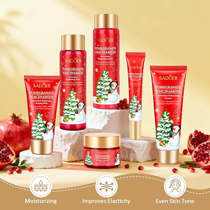 Gifts for Women 6 Pcs Skin Care Set Pomegranate Moisturize Soothe Hydrate Gifts for Teenage Girls Stocking Stuffers-Cleanser,Toner,Lotion,Face Cream,Eye Cream,Sleep Mask