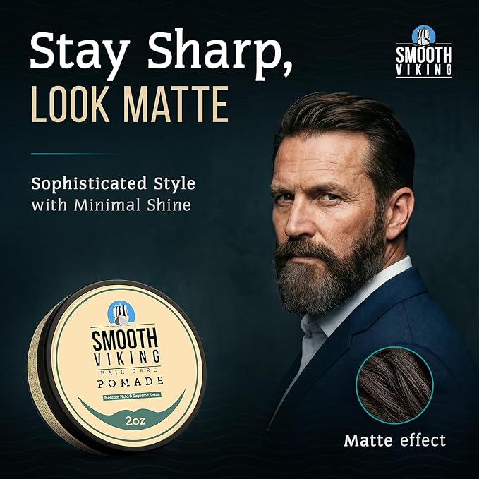 Smooth Viking Medium Hold & High Shine Pomade - Water Based Hair Cream for Curly, Thick & Straight Hair - Men's Hair Product - Made in USA, 2oz