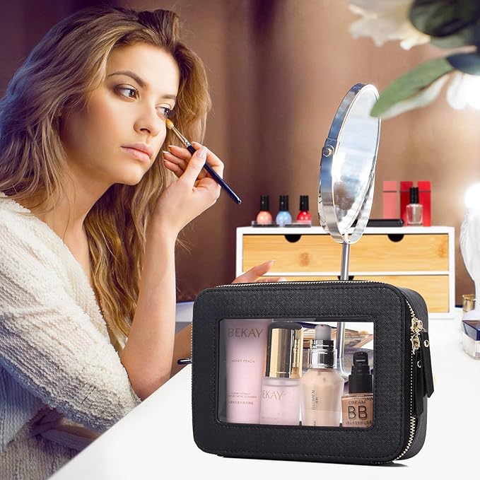 Pinkmik Clear Makeup Bag for Women Waterproof Travel Cosmetics and Toiletries Case Portable Makeup Oaganizer Bag Clear Car Bag with Zipper (Black, M+L)