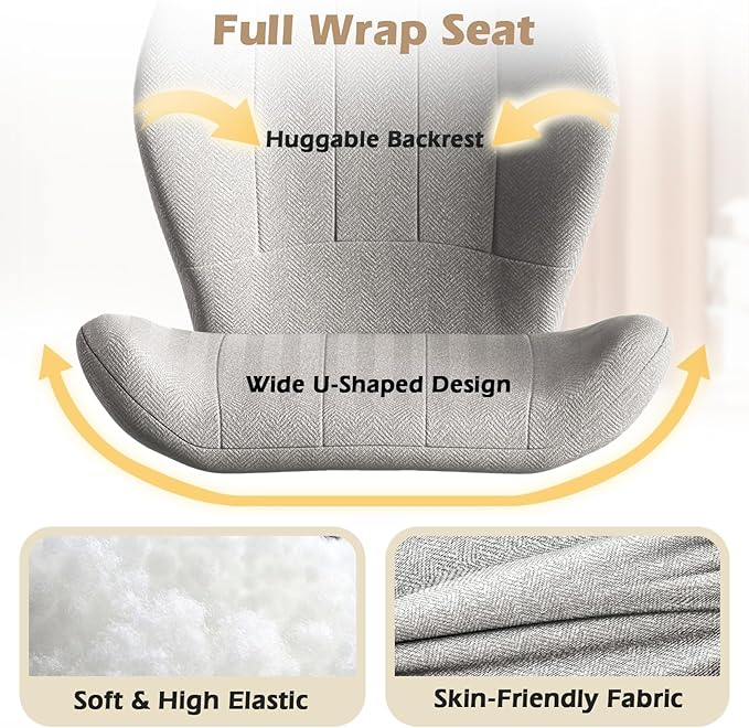 Criss Cross Chair with Wheels, Wide Cross Legged Office Chair Armless Comfy Desk Chair with Tall Back Vanity Chairs with Stress Relief Curved Design Seat for Bedroom & Office & Home Grey