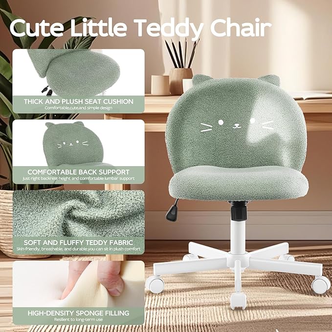 Vanity Chair with Cat Back,Armless Desk Chair Cute Small Office Chair,Teddy Fabric Computer Chair with Adjustable Height,120°Tilting,Rolling,Swivel for Vanity,Kids Room,Office,Bedroom Green