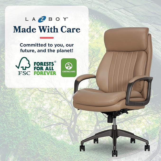 La-Z-Boy Nova Executive Office Chair - Ergonomic High Back Desk Chair with AIR Lumbar Support - Comfortable Computer Chair for Home Office - Vegan Leather - Light Tan