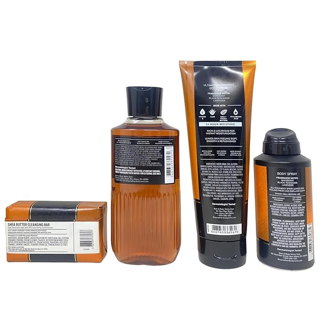 Bath & Body Works Men's Collection Mahogany Teakwood Gift Set - Body Cream - 3-in-1 Hair, Face & Body Wash - Body Spray and Cleansing Bar - with a Cabin Spice Bar Soap