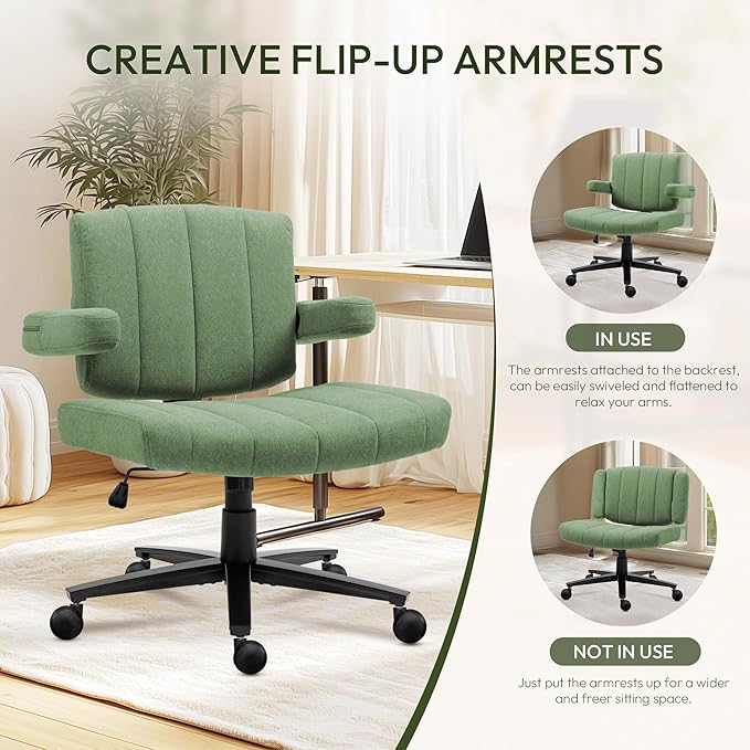 Green Criss Cross Office Chair with Wheels, Ergonomic Wide Seat Vanity & Dressing Table Chair, Adjustable Arms Swivel Rolling Desk Chair for Women, Comfortable Cross-Legged Support