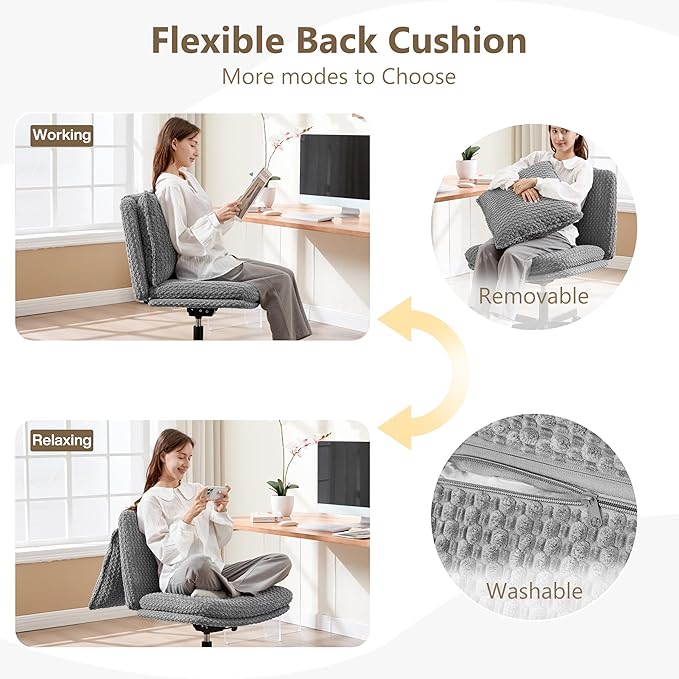 Fizzin Criss Cross Chair,Armless Cross Legged Chair with Wheels,Memory Foam Seat Office Desk Chair with Flipable Back Cushion,Mid Back Swivel Chair for Home Office,Bedroom Vanity (Grey)