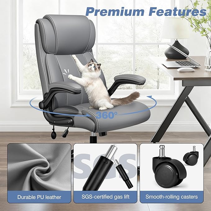 Ergonomic Office Chair - Desk Computer Chair, Leather High Back Executive Chairs with Adjustable Lumbar Support for Adults, Rolling Swivel Tilt, Gray 6 Pack