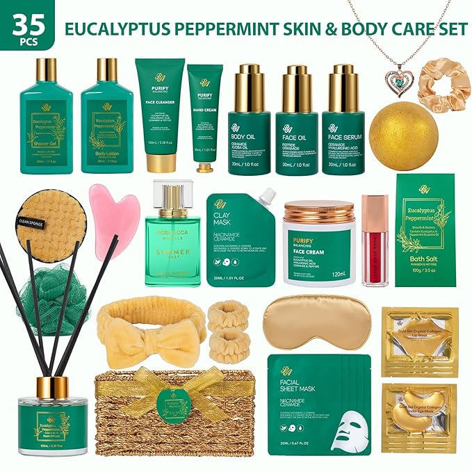 35 Pcs Valentines Day Gifts for Women, Eucalyptus Bath & Body Gift Basket, Self-Care Relaxation Set, Face Skin Care Kit, Home Spa Gift, Face Oil, Birthday, Christmas, Mother's Day, Anniversary