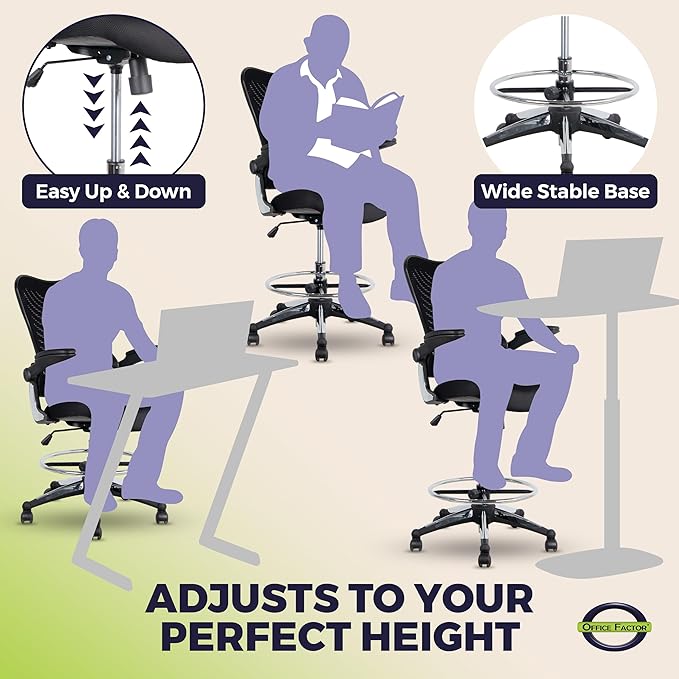 OfficeFactor 300 Lbs Ergonomic Drafting Chair Tall Office Chair Standing Desk Chair Flip up Armrests Molded Foam Seat with Adjustable Footrest Ring Lumbar Support (Black MESH Fabric)