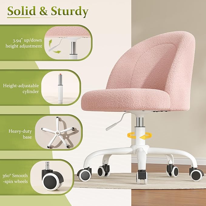Vanity Chair with Wheels, Cute Desk Chair with Back, Armless Office Chair Height Adjustable, Soft Lumbar Support for Small Space, Bedroom, Gentle Pink