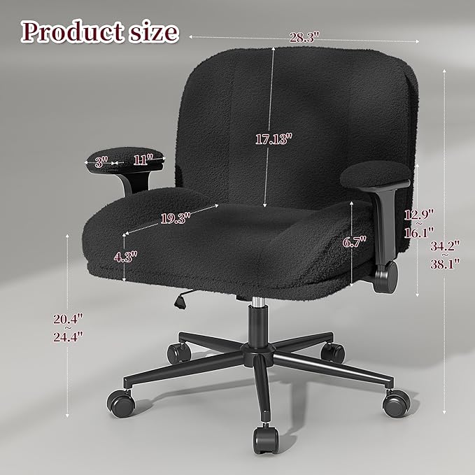 Desk Chair with Arms, Wide Ergonomic Office Chair with Thickened Seat Cushion, Cross Legged Office Chair for Home Office, Bedroom, Study Room, Plush Fabric, Black
