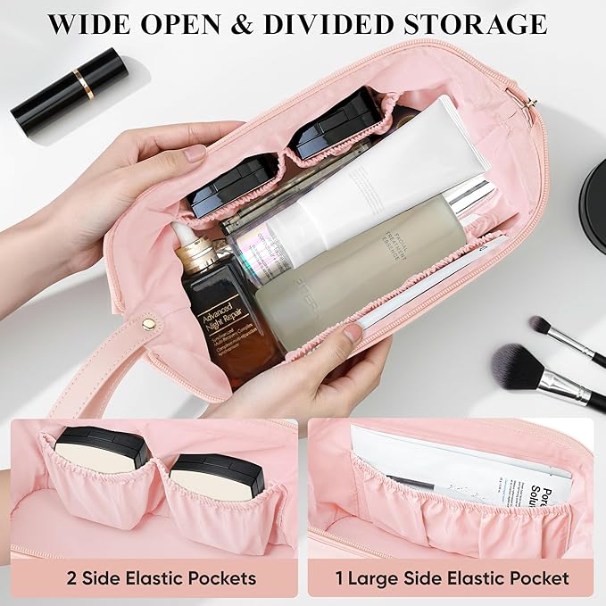 Travel Makeup Bag, Large Capacity Double Layer Cosmetic Bags for Women, Waterproof Portable Make Up Skincare Pouch with Makeup Brush Organizer, Toiletry Bag for Essentials, Pink