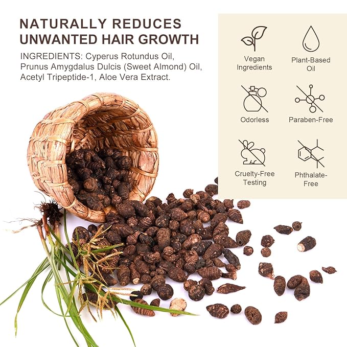 Cyperus Rotundus Oil, Cypress Oil for Hair Removal, Natural Soothing and Gentle, Reducing Body Hair Growth, Smooth Skin & Hair Removal, 2.02 Fl Oz