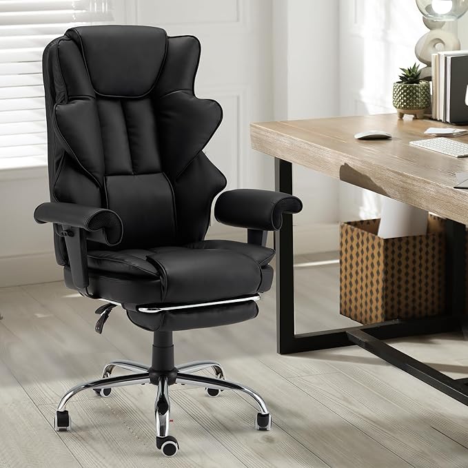 HOMREST 6-Point Massage Office Chair,Heating Executive Chairs,Ergonomic Home Office Desk Chairs with Retractable Footrest and Reclining Function,Leather Computer Chair with Adjustable Armrest(Black)