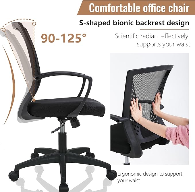 FDW Home Office Chair Mid Back PC Swivel Lumbar Support Adjustable Desk Task Computer Ergonomic Comfortable Mesh Chair with Armrest (Black)