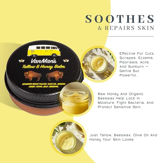 Vanman’s - Tiny Bison Tallow and Honey Balm - Unscented Grass-Fed/Finished Bison Tallow and Manuka Honey Cream with Royal Jelly - For Dry, Delicate Skin - 0.25 oz