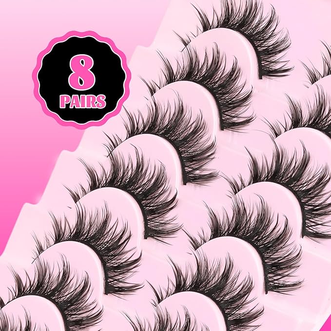 Veleasha Lashes Kit Natural Eyelashes Manga Spiky False Eyelashes Crisscross Wispy Fake Lashes Soft wirh Glue & Tweezers with Cotton Band 8 Pairs Pack (Natural Kit)
