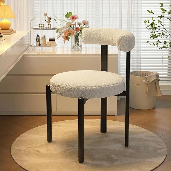 Kiztir Vanity Chair No Wheels Upholstered Teddy Vanity Chair with Back Home Office Desk Chair Boucle Accent Chair Modern Reading Chair Armchair Living Room, Bedroom (Beige)