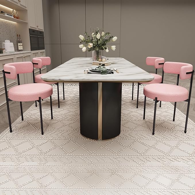 Boucle Dining Chairs Set of 4 Teddy Upholstered Dining Room Chairs Kitchen Chairs with Metal Legs Mid Century Modern Chair for Dining Room, Kitchen (Black Frame+Pink, 4)