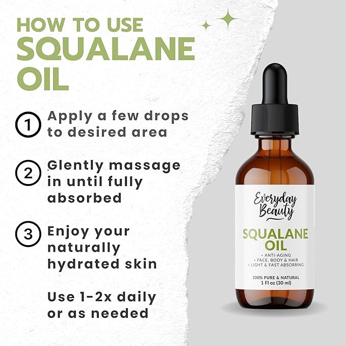 Squalane Oil - 100% Pure & Natural Plant Derived Facial Oil 1 Fl Oz Glass Bottle & Dropper - Cold Pressed and Unrefined Premium Grade Multipurpose Moisturizing Oil For Skin and Hair