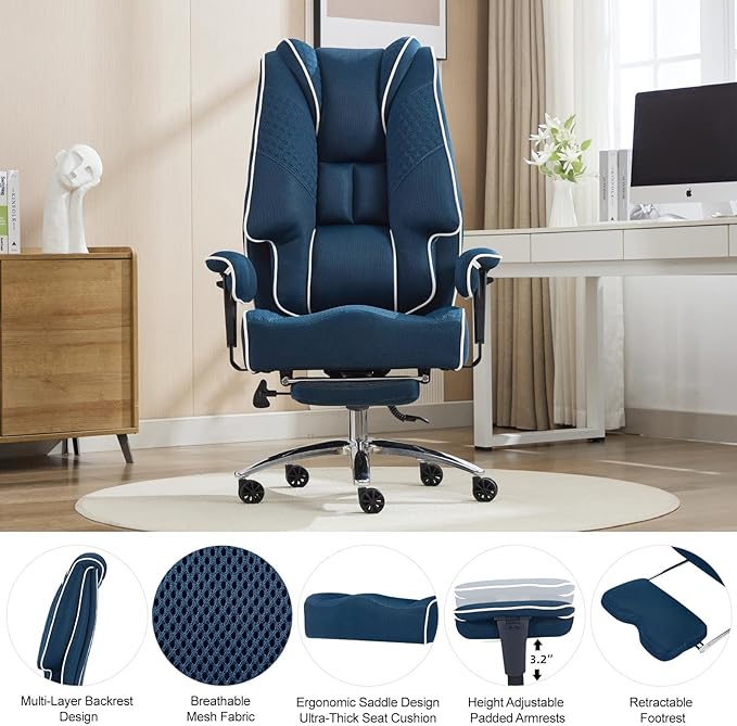 Big and Tall Office Chair 400lbs Wide Seat, Leather High Back Executive Office Chair with Lumbar Support, Ergonomic Chairs Padded Armrests & Thick Cushion (Mesh Blue)