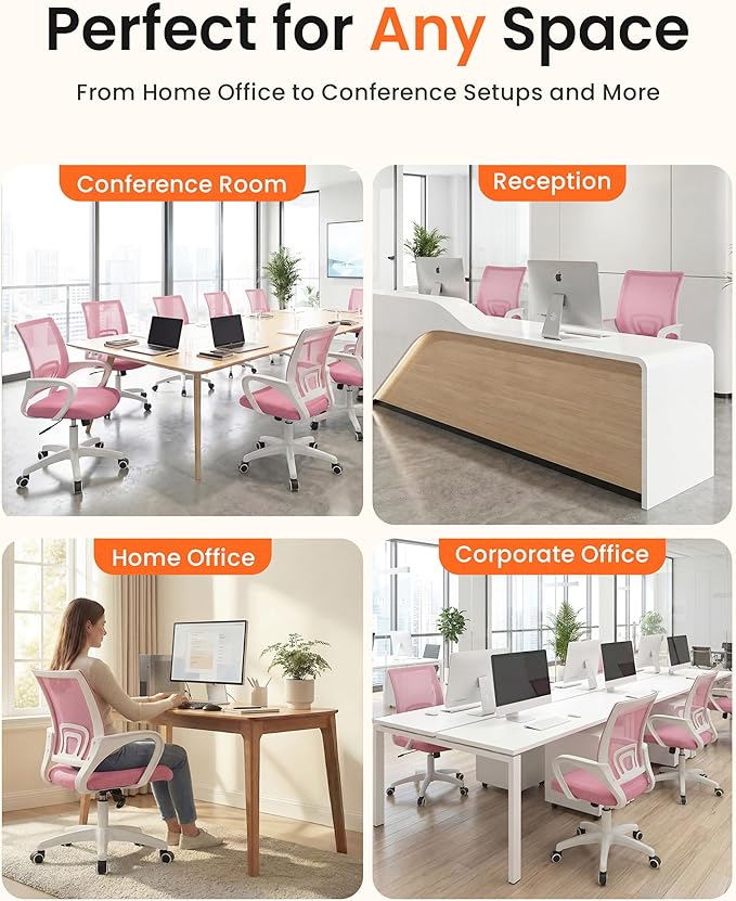 NEO CHAIR Office Desk Computer Chair Ergonomic Mesh Gaming Mid Back Seat with Comfy Lumbar Support Adjustable Height Swivel for Home Task (Pink)