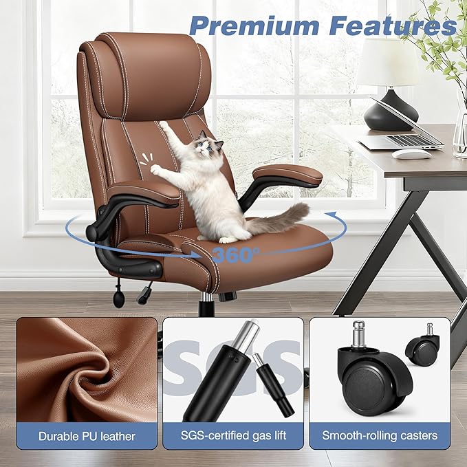 Ergonomic Office Chair - Home Desk Computer Chair, Leather High Back Executive Chairs with Adjustable Lumbar Support & Flip-up Arms, Rocking Swivel Comfy, Brown 4 Pack