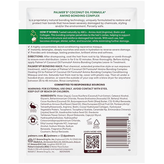 Palmer's Amino Bonding Complex Hair Mask,Intense Conditioning Masque Pack with Coconut Oil & Vitamin E,Heat Protectant,Anti Frizz,Adds Shine,Protects Hair Growth,All Types,2.1oz packette (Pack of 12)