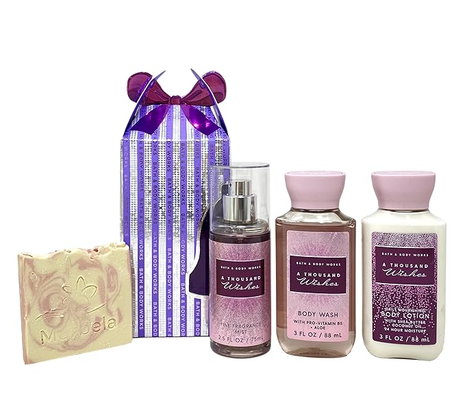Bath & Body Works A Thousand Wishes Mini Gift Box Trio - Fragrance Mist - Body Lotion and Body Wash - with a Himalayan Salts Springs Sample Soap - Travel Size