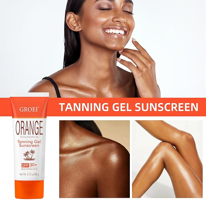 Tanning Gel Sunscreen SPF 30+ – Sun Tan Booster with Coconut Oil & Vitamin E, Water-Resistant, Hydrating Tanning Intensifier Gel for Beach & Outdoor Use, 3.12oz