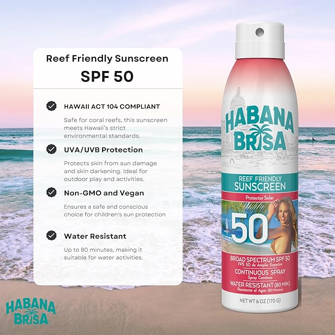 Reef Friendly Sunscreen Spray – Water-Resistant, Broad Spectrum, No Oxybenzone or Octinoxate, 360° Spray, 6 FL OZ (SPF 30, SPF 50, SPF 70) (6 Fl Oz (Pack of 1), 50, Sun Protection Factor (SPF))
