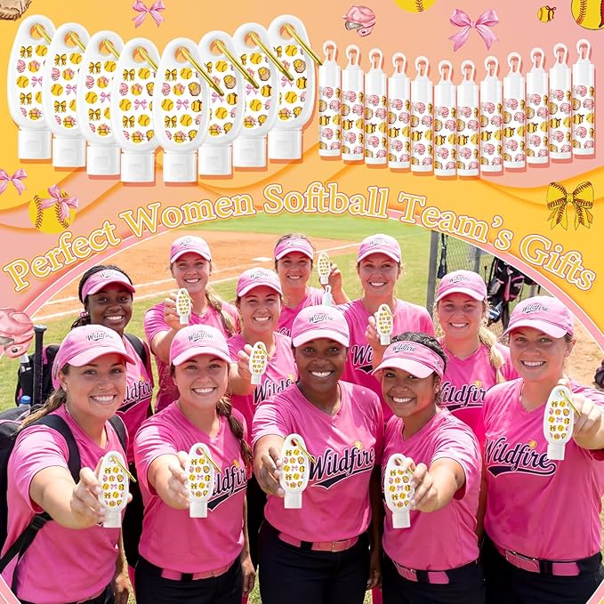Demissle 12 Sets Softball Party Favors Mini Sunscreen and Sunscreen Lip Balms Bulk Spf 30 Travel Size 1oz Lotion with Carabiner Clip-on Lip Balms Packets for Team Women Birthday Gifts(Softball Bow)