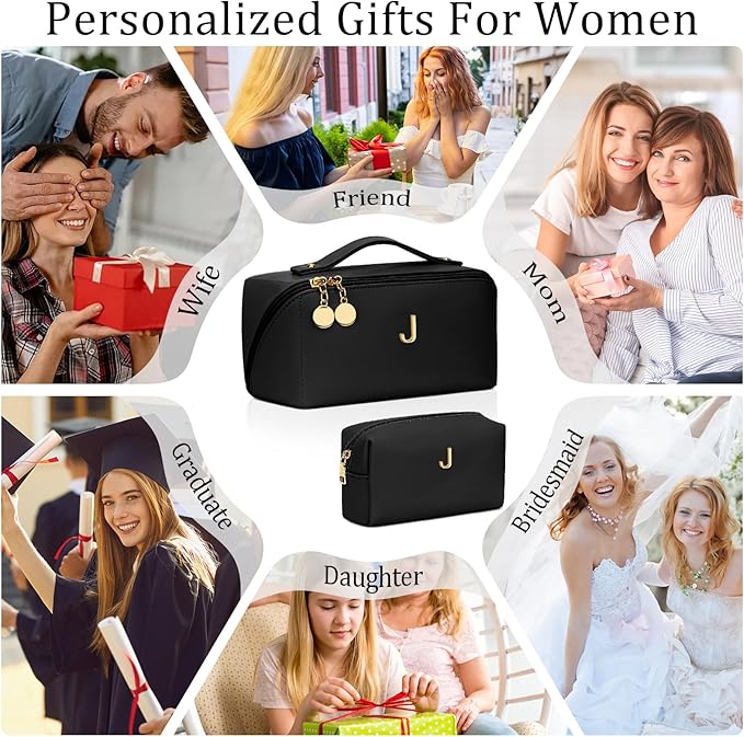 Birthday Gifts for Women Teen Girl, Personalized Initial Makeup Organizer Bag Set, Open Flat Travel Cosmetic Bag With Clear Divider and Handle(Black,J)