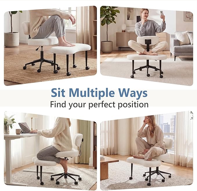 DUMOS Ergonomic ADHD Cross Legged Office Desk Chair with Adjustable Backrest, Height Adjustable Meditation Chair with 360° Swivel Footstool, Teddy Fabric Yoga Stool for Home Office, White
