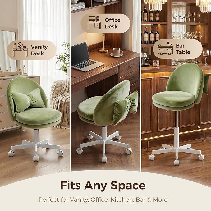 GTPOFFICE Vanity Chair with Back, Adjustable Tall Office Chair High Swivel Bar Stools Fluffy Cute Desk Chair Comfy with Wheels Bow Pillow Armlees for Adults Standing Desk Bar, Soft Velvet, Green
