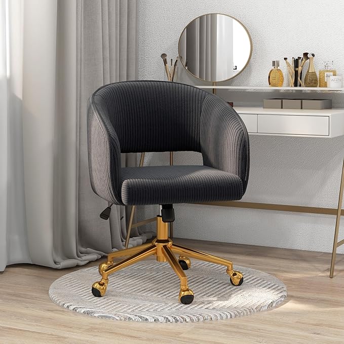 Home Office Swivel Desk Chair, Modern Corduroy Vanity Chair, Height Adjustable Armchair with Gold Base, Ergonomic Office Chair for Task Study Computer Room, Black
